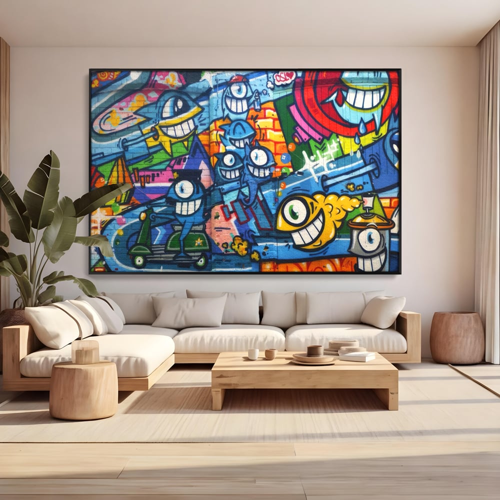 Tablou canvas cu tablou canvas cu graffiti urban si personaje, in rama de aluminiu negru, pe perete intr-un living
